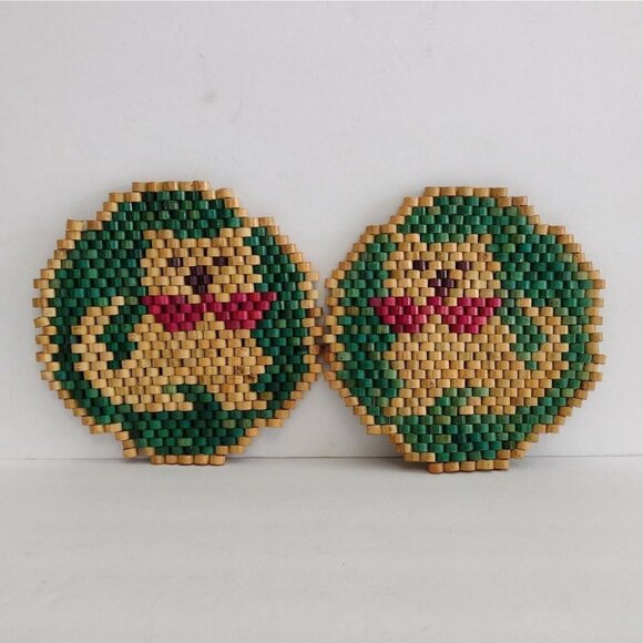 Vtg Pair of Boho Bamboo Wooden Beaded Cat Dog Trivets Kitchen Hot Plate Wall Art - Picture 2 of 9